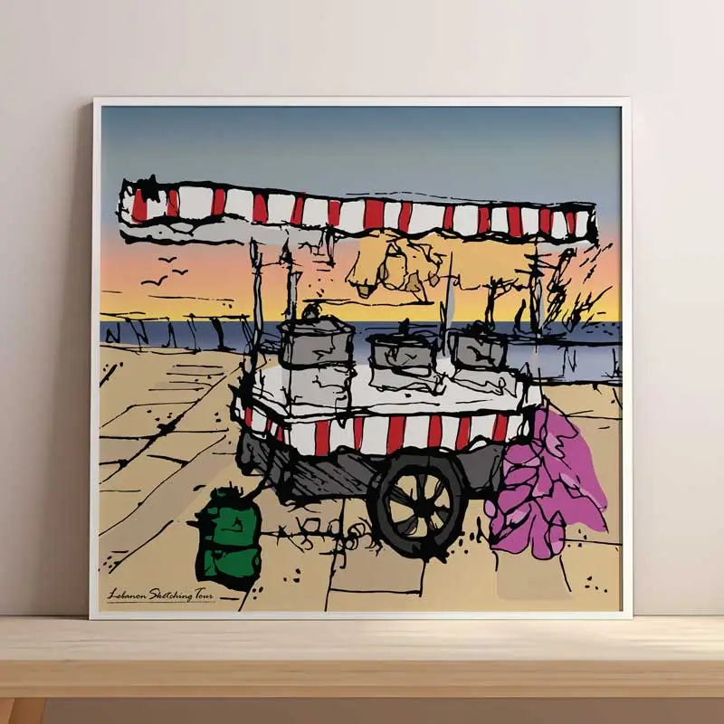 Framed square poster of a vendor's cart that sells corn, cotton candy and termous all in one. Lebanese print posters